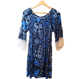 ❄️ Boho Blue Print Lace Tunic Dress M